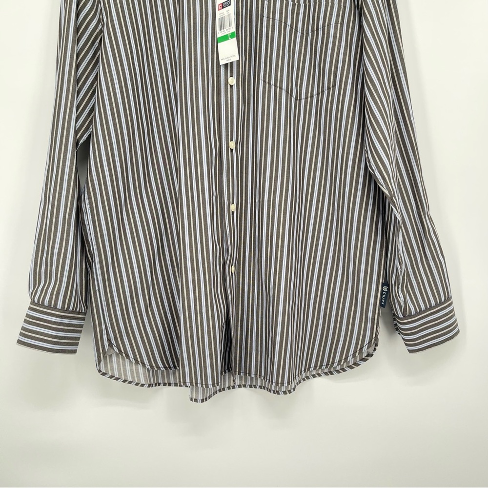 New CHAPS Button-Down Mens Large 100% Cotton Long Sleeve Grey Blue White Stripes - Picture 5 of 14